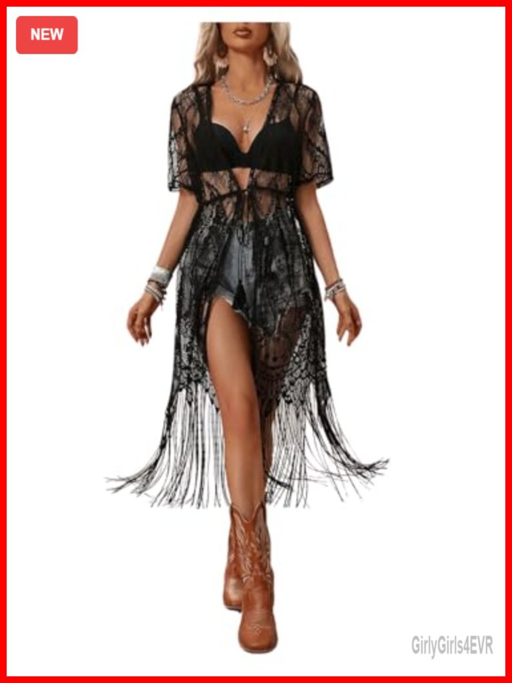 Sheer Lace Kimono Coverup Fringe Tie Front Short Sleeve
